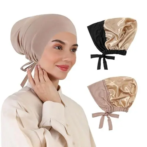 Produktbild: XEPST 2 STÜCK Hijab Undercap für Damen, Satin-Unterkappe, Islamische Muslimische Unter-Kappe, Modale Kopfwickel, Krawattenhaube, Turbane, Chemohut, Schlafmütze, Schwarz+Khaki