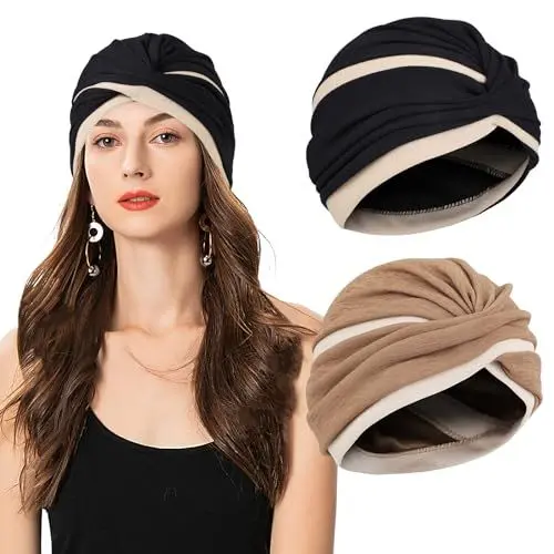 Produktbild: XEPST 2 Stücke Frauen Chemo Hüte Turban Damen, Chemotherapie Krebs Hut Vorgebunden Beanie Chemo Kopfbedeckung Plissee Mütze Weich Turban Kopfwickel Kappe Haarausfall Hut für Damen