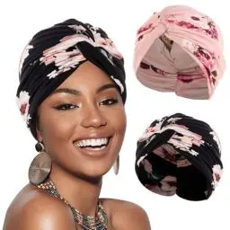 Produktbild: XEPST 2 Stücke Frauen Chemo Hüte Turban Damen Chemotherapie Krebs Hut Vorgebunden Beanie Kopfbedeckung Plissee Mütze Weich Turban Kopfwickel Kappe Haarausfall Hut für Frauen
