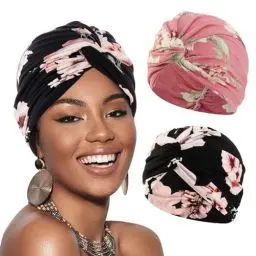 Produktbild: XEPST 2 Stücke Frauen Chemo Hüte Turban Damen Chemotherapie Krebs Hut Vorgebunden Beanie Kopfbedeckung Plissee Mütze Weich Turban Kopfwickel Kappe Haarausfall Hut für Frauen, Schwarz, Dunkelrosa