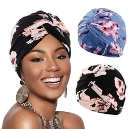Produktbild: XEPST 2 Stücke Frauen Chemo Hüte Turban Damen Chemotherapie Krebs Hut Vorgebunden Beanie Kopfbedeckung Plissee Mütze Weich Turban Kopfwickel Kappe Haarausfall Hut für Frauen, Schwarz, Seeblau