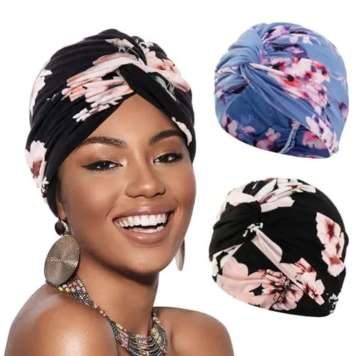 Produktbild: XEPST 2 Stücke Frauen Chemo Hüte Turban Damen Chemotherapie Krebs Hut Vorgebunden Beanie Kopfbedeckung Plissee Mütze Weich Turban Kopfwickel Kappe Haarausfall Hut für Frauen, Schwarz, Seeblau