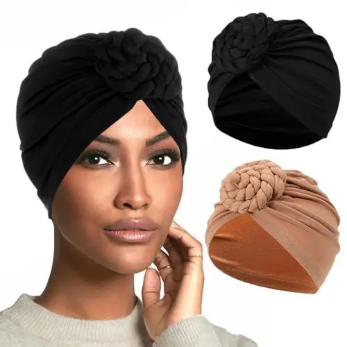 Produktbild: XEPST 2 Stücke Turban Damen Chemo Hüte, Chemotherapie Krebs Hut Vorgebunden Beanie Chemo Kopfbedeckung Plissee Mütze Weich Turban Kopfwickel Kappe Haarausfall Hut für Damen