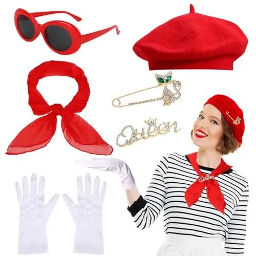 Produktbild: XEPST 6 STÜCK französisches Kostümset - 50er Jahre Kostüm für Frauen mit französischer Baskenmütze Sonnenbrille Schal Handschuhe Französischer Künstler Pantomime Kit für Halloween Cosplay Karneval