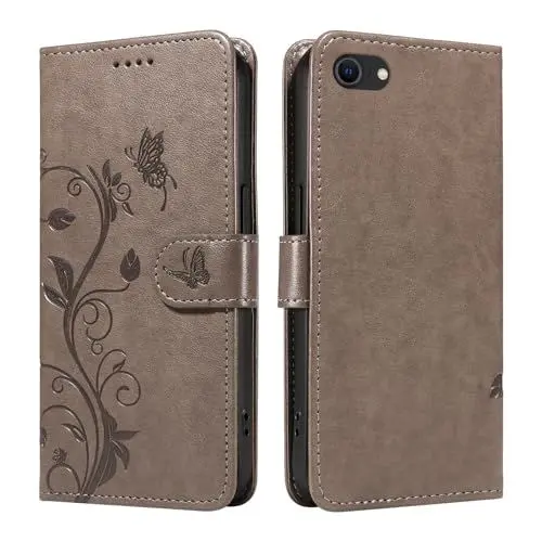 Produktbild: XFDSFDL® Schutzhülle für Apple iPhone 7/8 (4,7 Zoll) PU Lederhülle Flip Cover Mandelbaum Muster mit Ständer Schlüsselband Brieftasche Prägung Handytasche Grau