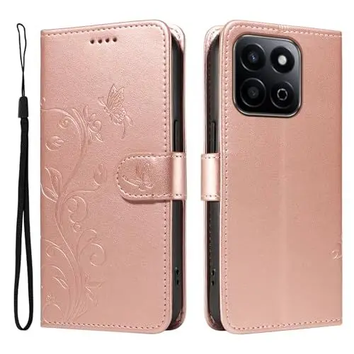 Produktbild: XFDSFDL® Schutzhülle für Honor 200 Smart / X7c (6,8 Zoll) PU Lederhülle Flip Cover Mandelbaum Muster mit Ständer Schlüsselband Brieftasche Prägung Handytasche Roségold