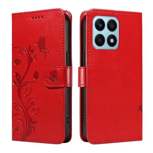 Produktbild: XFDSFDL® Schutzhülle für Honor X8a CRT-LX1/LX2/LX3 (6,7 Zoll) PU Lederhülle Flip Cover Mandelbaum Muster mit Ständer Schlüsselband Brieftasche Prägung Handytasche Rot