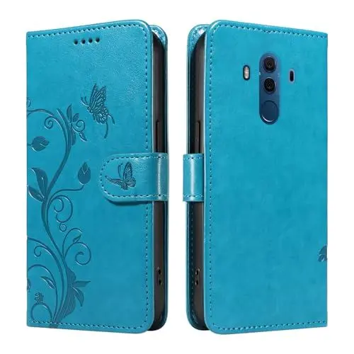Produktbild: XFDSFDL® Schutzhülle für Huawei Mate 10 Lite RNE-L21/L22 (5,9 Zoll) PU Lederhülle Flip Cover Mandelbaum Muster mit Ständer Schlüsselband Brieftasche Prägung Handytasche Blau
