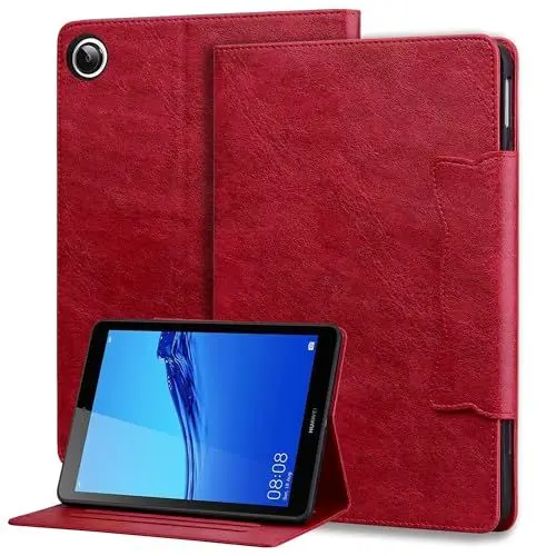Produktbild: XFDSFDL® Schutzhülle für Huawei MediaPad M5 Lite JDN2-L09 (8 Zoll) PU Leder Hülle Katzenohren Magnetisch Flip Cover mit Ständer Taschen Case Auto Aufwachen/Schlaf Ledertasche Rot