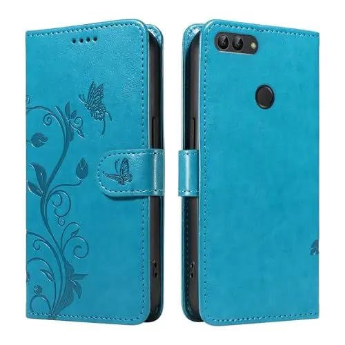 Produktbild: XFDSFDL® Schutzhülle für Huawei P Smart FIG-LX1/LX2/LX3 (5,65 Zoll) PU Lederhülle Flip Cover Mandelbaum Muster mit Ständer Schlüsselband Brieftasche Prägung Handytasche Blau