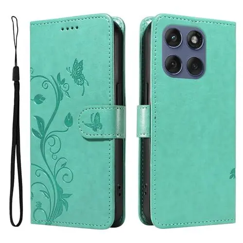 Produktbild: XFDSFDL® Schutzhülle für Motorola Edge 60 Fusion/Edge 60 Pro (6,67 Zoll) PU Lederhülle Flip Cover Mandelbaum Muster mit Ständer Schlüsselband Brieftasche Prägung Handytasche Grün