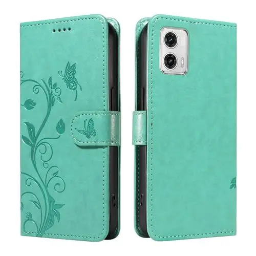 Produktbild: XFDSFDL® Schutzhülle für Motorola Moto G73 (6,5 Zoll) PU Lederhülle Flip Cover Mandelbaum Muster mit Ständer Schlüsselband Brieftasche Prägung Handytasche Grün