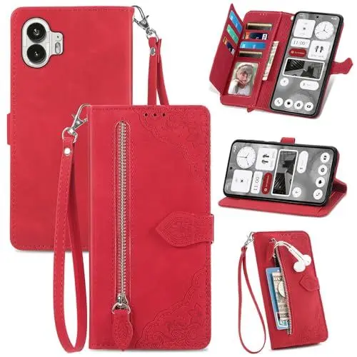 Produktbild: XFDSFDL® Schutzhülle für Nothing Phone 2 (6,7 Zoll) PU Lederhülle Flip Cover Prägung Muster mit Ständer Magnetverschluss Reißverschluss Brieftasche Hülle Rot