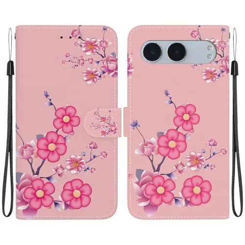Produktbild: XFDSFDL® Schutzhülle für OnePlus Nord 4 CPH2663 (6,74 Zoll) PU Lederhülle Flip Case Kirschblüte Muster mit Ständer Magnetverschluss Taschen Kartenfächern Brieftasche Hülle 06