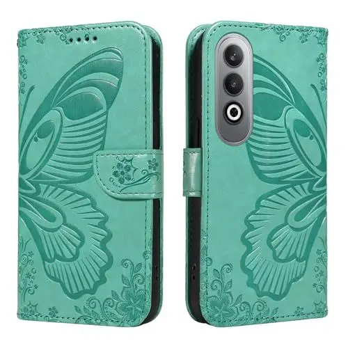 Produktbild: XFDSFDL® Schutzhülle für OnePlus Nord CE 4 (6,7 Zoll) PU Lederhülle Flip Cover Schmetterling Fee Muster mit Ständer Schlüsselband Brieftasche Prägung Handytasche Grün