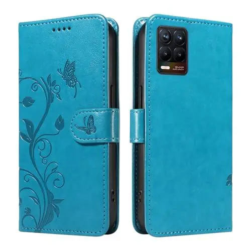 Produktbild: XFDSFDL® Schutzhülle für Realme 8/8 Pro RMX3085, RMX3081 (6,4 Zoll) PU Lederhülle Flip Cover Mandelbaum Muster mit Ständer Schlüsselband Brieftasche Prägung Handytasche Blau