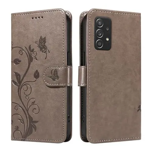 Produktbild: XFDSFDL® Schutzhülle für Samsung Galaxy A52/A52s A526/A528 (6,5 Zoll) PU Lederhülle Flip Cover Mandelbaum Muster mit Ständer Schlüsselband Brieftasche Prägung Handytasche Grau