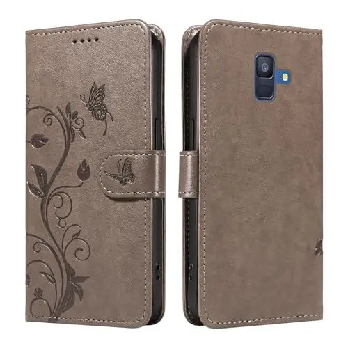 Produktbild: XFDSFDL® Schutzhülle für Samsung Galaxy A6 2018 SM-A600 (5,6 Zoll) PU Lederhülle Flip Cover Mandelbaum Muster mit Ständer Schlüsselband Brieftasche Prägung Handytasche Grau