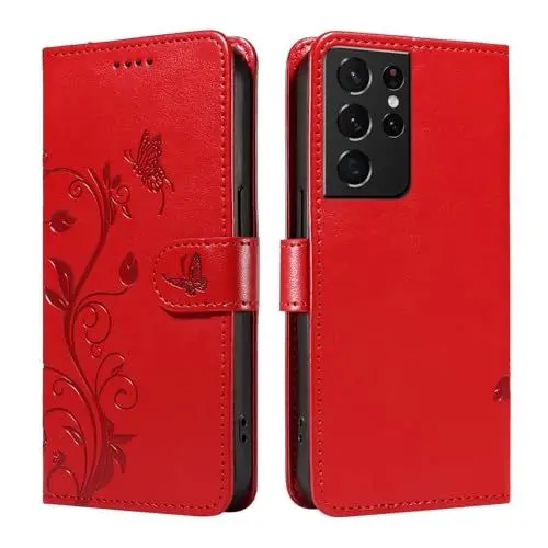 Produktbild: XFDSFDL® Schutzhülle für Samsung Galaxy S21 Ultra SM-G998 (6,8 Zoll) PU Lederhülle Flip Cover Mandelbaum Muster mit Ständer Schlüsselband Brieftasche Prägung Handytasche Rot