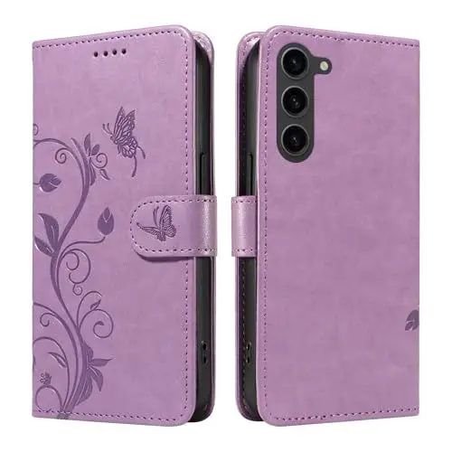 Produktbild: XFDSFDL® Schutzhülle für Samsung Galaxy S23 SM-S911 (6,1 Zoll) PU Lederhülle Flip Cover Mandelbaum Muster mit Ständer Schlüsselband Brieftasche Prägung Handytasche Lila