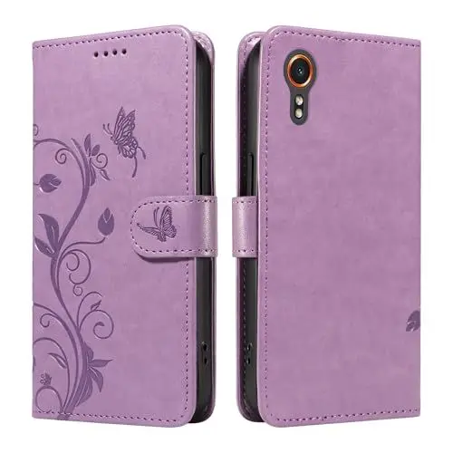 Produktbild: XFDSFDL® Schutzhülle für Samsung Galaxy XCover 7 SM-G556 (6,6 Zoll) PU Lederhülle Flip Cover Mandelbaum Muster mit Ständer Schlüsselband Brieftasche Prägung Handytasche Lila
