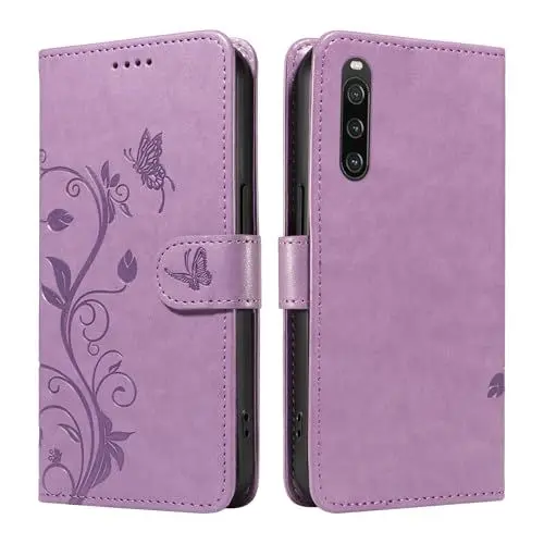 Produktbild: XFDSFDL® Schutzhülle für Sony Xperia 10 IV XQ-CC54/XQ-CC72 (6,0 Zoll) PU Lederhülle Flip Cover Mandelbaum Muster mit Ständer Schlüsselband Brieftasche Prägung Handytasche Lila