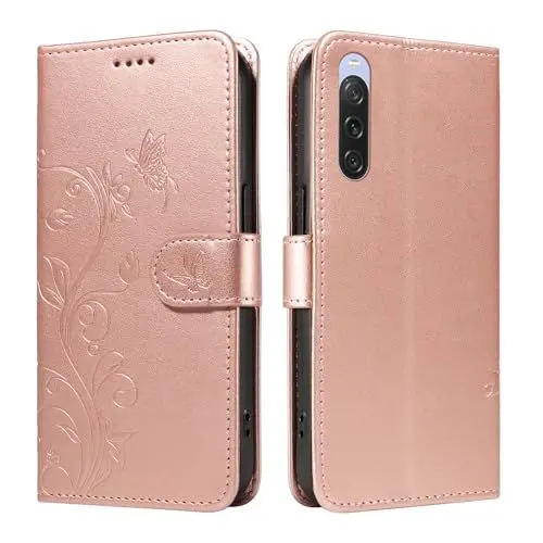 Produktbild: XFDSFDL® Schutzhülle für Sony Xperia 10 V XQ-DC72/XQ-DC54 (6,1 Zoll) PU Lederhülle Flip Cover Mandelbaum Muster mit Ständer Schlüsselband Brieftasche Prägung Handytasche Roségold