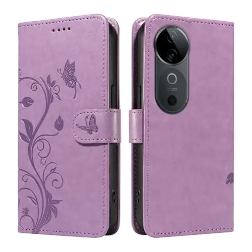 Produktbild: XFDSFDL® Schutzhülle für Vivo V40 V2348 (6,78 Zoll) PU Lederhülle Flip Cover Mandelbaum Muster mit Ständer Schlüsselband Brieftasche Prägung Handytasche Lila