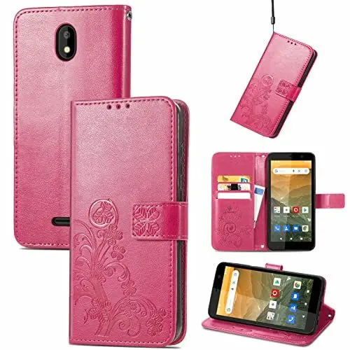 Produktbild: XFDSFDL® Schutzhülle für Vodafone Smart E11 PU Lederhülle Flip Cover Präge Vier-Blätter Blumen Muster mit Ständer Magnetverschluss Brieftasche Hülle, Rose