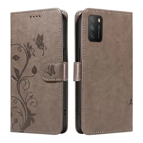 Produktbild: XFDSFDL® Schutzhülle für Xiaomi Poco M3 M2010J19CG (6,53 Zoll) PU Lederhülle Flip Cover Mandelbaum Muster mit Ständer Schlüsselband Brieftasche Prägung Handytasche Grau