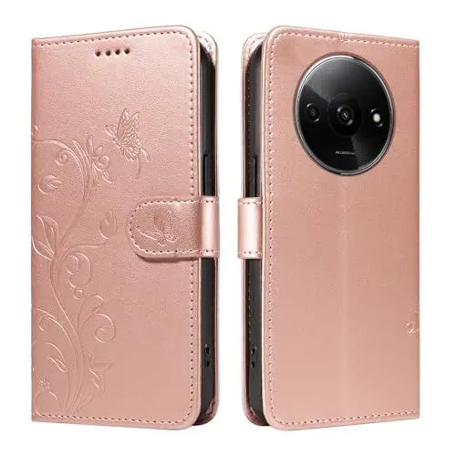 Produktbild: XFDSFDL® Schutzhülle für Xiaomi Redmi A3 23129RN51X (6,71 Zoll) PU Lederhülle Flip Cover Mandelbaum Muster mit Ständer Schlüsselband Brieftasche Prägung Handytasche Roségold
