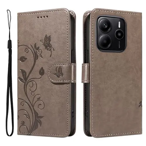 Produktbild: XFDSFDL® Schutzhülle für Xiaomi Redmi Note 14 4G (6,67 Zoll) PU Lederhülle Flip Cover Mandelbaum Muster mit Ständer Schlüsselband Brieftasche Prägung Handytasche Grau