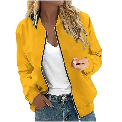 Produktbild: XIADUOBAAN Bomberjacke Kurz Langarm Windjacke Damen Leichte Jacke Damen Sportjacke Einfarbig Jacket Mit Reissverschluss Fliegerjacke Blouson Jacke Outdoor Jacken Locker Mantel Freizeit Golden