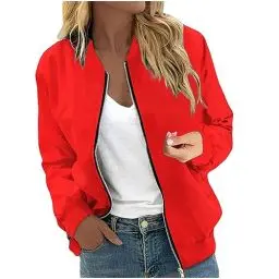 Produktbild: XIADUOBAAN Bomberjacke Kurz Langarm Windjacke Damen Leichte Jacke Damen Sportjacke Einfarbig Jacket Mit Reissverschluss Fliegerjacke Blouson Jacke Outdoor Jacken Locker Mantel Freizeit Rot