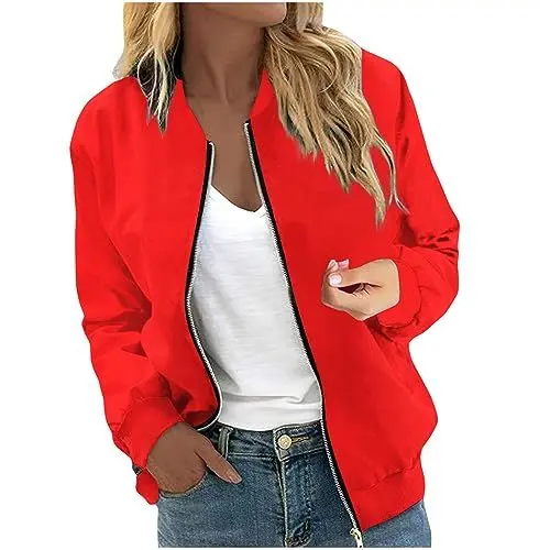 Produktbild: XIADUOBAAN Bomberjacke Kurz Langarm Windjacke Damen Leichte Jacke Damen Sportjacke Einfarbig Jacket Mit Reissverschluss Fliegerjacke Blouson Jacke Outdoor Jacken Locker Mantel Freizeit Rot