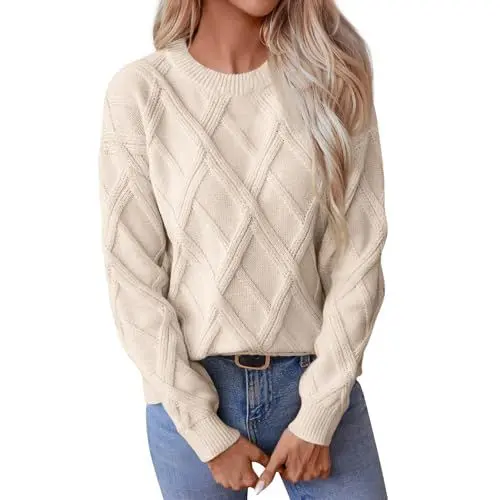 Produktbild: XIADUOBAAN Damen Strickpullover, Lässiger Rundhals Langarm Pullover, Weicher Warmer Pullover mit Zopfmuster, Stricktop