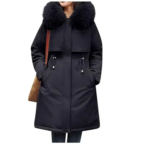 Produktbild: XIADUOBAAN Daunenjacke Damen Winterjacke Knielang Langarm Mit Kapuze Fleece Steppjacke Damen Mit Reissverschluss Druckknopf Übergangsjacke Damen Mit Taschen Winter Warm Jacke Damen Einfarbig