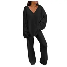 Produktbild: XIADUOBAAN Fleece Hausanzug Damen Kuschelig 2 Teiler V-Ausschnitt Lässig Trainingsanzug Frauen Warm Herbst Winter Einfarbig Langarmshirt Damen Langarm Lang Jogginghose Damen Freizeitanzug Gefüttert