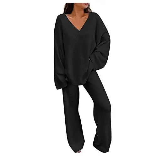 Produktbild: XIADUOBAAN Fleece Hausanzug Damen Kuschelig 2 Teiler V-Ausschnitt Lässig Trainingsanzug Frauen Warm Herbst Winter Einfarbig Langarmshirt Damen Langarm Lang Jogginghose Damen Freizeitanzug Gefüttert