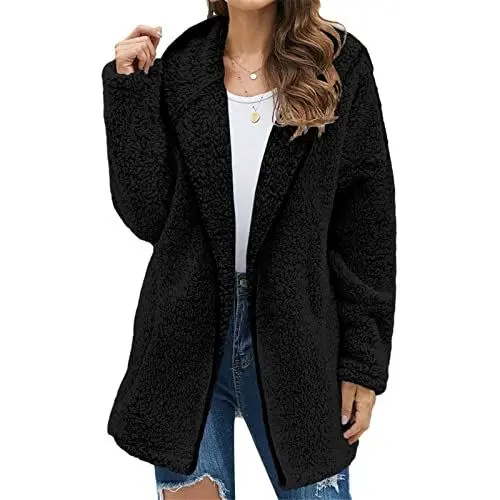 Produktbild: XIADUOBAAN Fleecejacke Damen Mit Kapuze Lang Winterjacke Damen Gefüttert Flauschig Mit Taschen Teddyjacke Damen Einfarbig Langarm Softshelljacke Fleece Jacke Damen Winter Warm Mantel Damen Casual