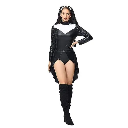 Produktbild: XIADUOBAAN Halloween Kostüm Lack Kleid Damen Vorne Kurz Hinten Lang Cosplay Kostume Festkleid Lederkleid Damen Kurz Langarm Sexy Partykleider Rollkragen Karneval Ausführen Kostüme Einfarbig Eng