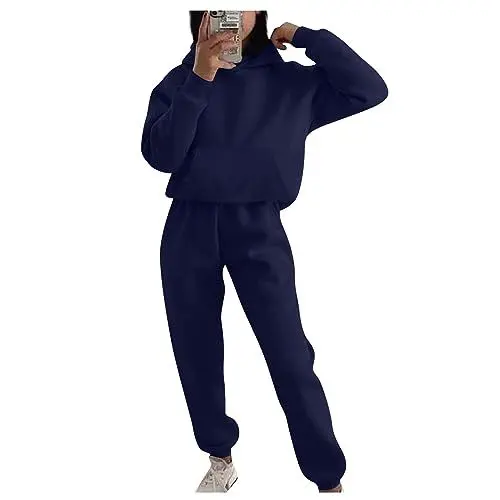Produktbild: XIADUOBAAN Jogginganzug Damen Warm Winter 2 Teilig Sweatshirt Damen Langarm Mit Kapuze Set Hosenanzug Damen Lang Hose Mit Taschen Trainingsanzug Damen Fitness Einfarbig Hausanzug Damen Casual