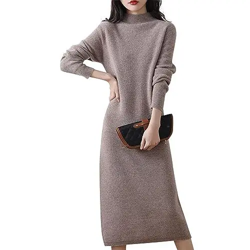 Produktbild: XIADUOBAAN Kashmir Pulloverkleid Damen Wadenlang Rollkragen Strickkleid Damen Langarm Einfarbig Kleid Damen Elegant Locker Winterkleid Damen Warm Cocktailkleid Damen Lässig Festliche Kleider Schöne