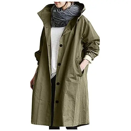 Produktbild: XIADUOBAAN Regenjacke Damen Wasserdicht Atmungsaktiv Lang Mit Kapuze Windjacke Damen Leicht Langarm Sweatjacke Damen Stehkragen Outdoorjacke Mit Knöpfen Regenmantel Damen Mit Taschen Einfarbig
