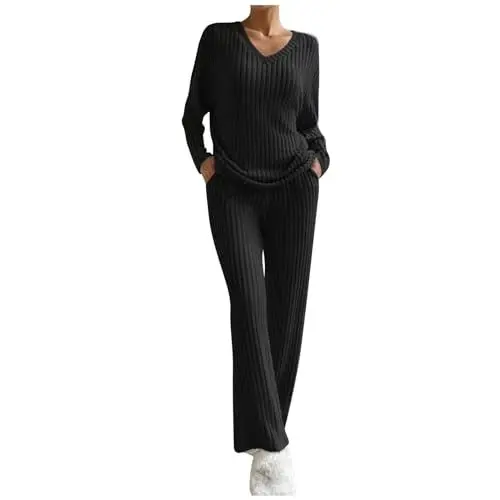 Produktbild: XIADUOBAAN Strickanzug Damen Zweiteiler Langarm V Ausschnitt Gerippt Strickpullover Und Lange Jogginghose Schlaghose Freizeit Outfit Einfarbig Hausanzug Damen Kuschelig Jogginganzug Damen Warm Winter
