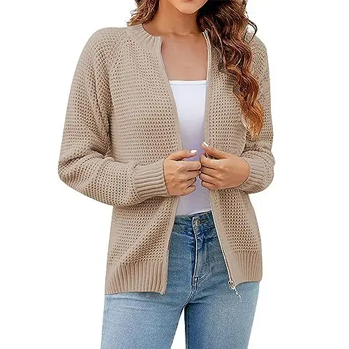 Produktbild: XIADUOBAAN Strickjacken Für Damen Kurz Mit Reissverschluss Grobstrick Cardigan Damen Langarm Elegant Strickjacken Damen Einfarbig Strickmantel Damen Winter Warm Locker Winterjacke Damen Casual