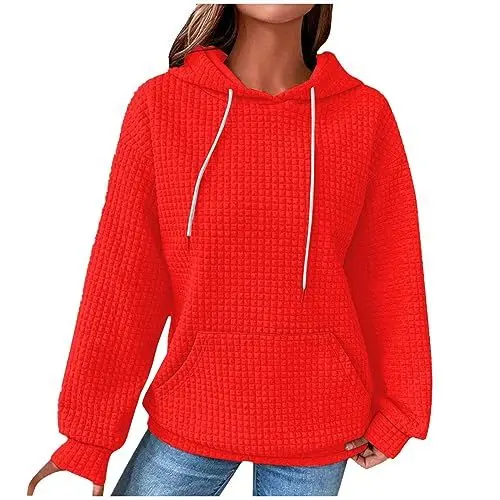 Produktbild: XIADUOBAAN Sweatshirt Damen Kurz Langarm Hoodie Langarmshirt Damen Winter Casual Kapuzenpullover Damen Einfarbig Kariert Winterjacke Damen Kordelzug Sweatjacke Damen Mit Kapuze Locker Schöne