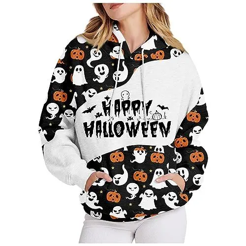 Produktbild: XIADUOBAAN Sweatshirt Damen Mit Kapuze Halloween Kostüm Winterjacke Warm Langarmshirt Damen Kapuzenpullover Damen Langarm T-Shirt Damen Mit Taschen Tuniken Mantel Damen Halloween Kordelausschnitt