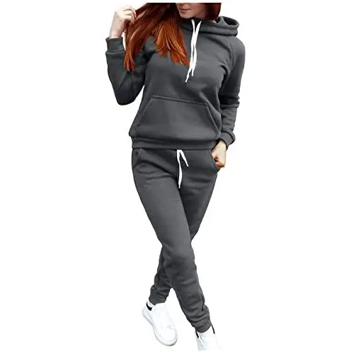 Produktbild: XIADUOBAAN Trainingsanzug Damen Mit Kapuze Outdoor 2 Teiler Jogginganzug Damen Winter Warm Mit Taschen Fleece Sweatshirt Jogginghose Damen Langarm Lang Freizeitanzug Kapuzenpullover Damen Einfarbig
