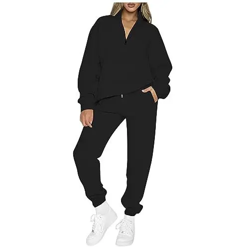 Produktbild: XIADUOBAAN Trainingsanzug Damen Rollkragen Zipper 2 Teiler Outdoor Jogginganzug Damen Warm Winter Einfarbig Sweatshirt Damen Langarm Lang Jogginghose Damen Mit Taschen Freizeitanzug Damen Sportliche